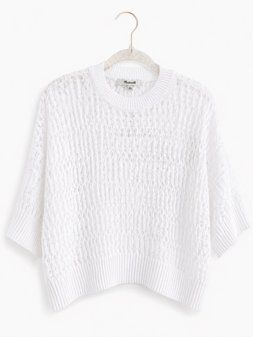 Madewell Open Knit Cropped Sweater XS White Short Sleeve Beachy Oversized NWT - Picture 2 of 7